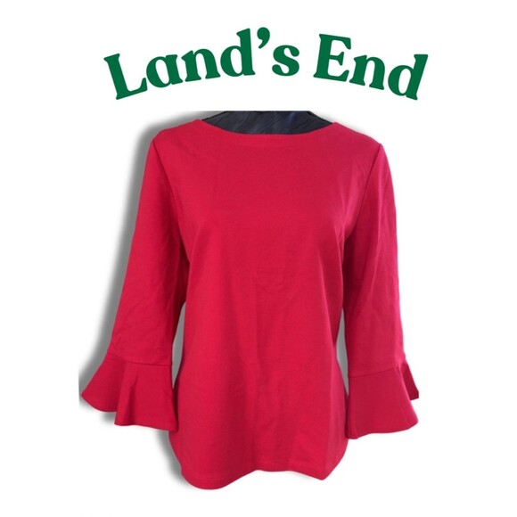 Lands' End Tops - Lands’ End Bright Red Boat‑Neck Top – Bell Sleeves, Curved Hem – Medium Petite